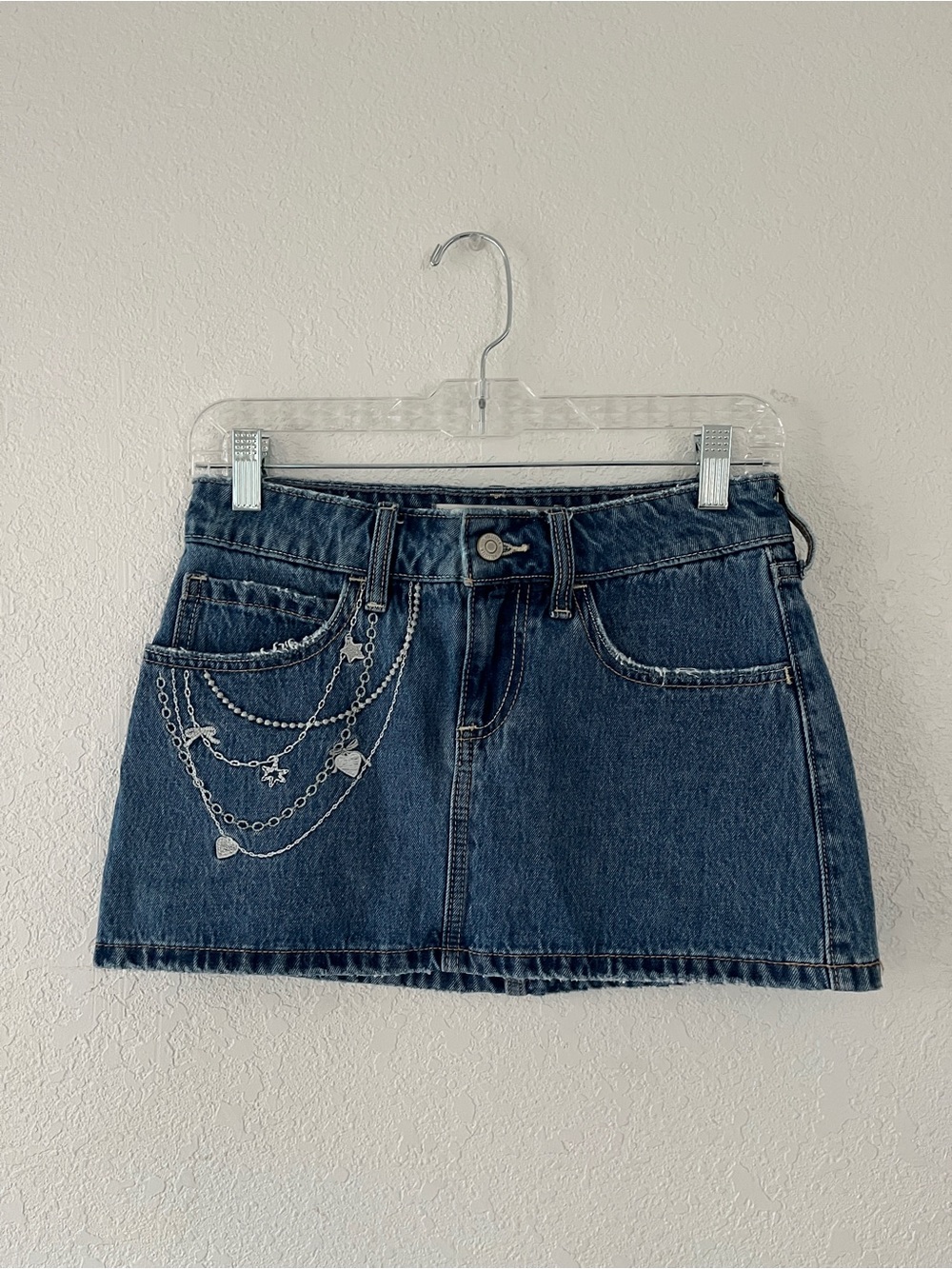 Hollister Denim Mini Skirt with Embroidered Chain Detail